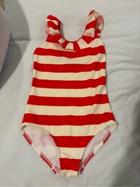 Mini Boden Girls Red & Cream Stripe One-Piece Swimsuit 6/7